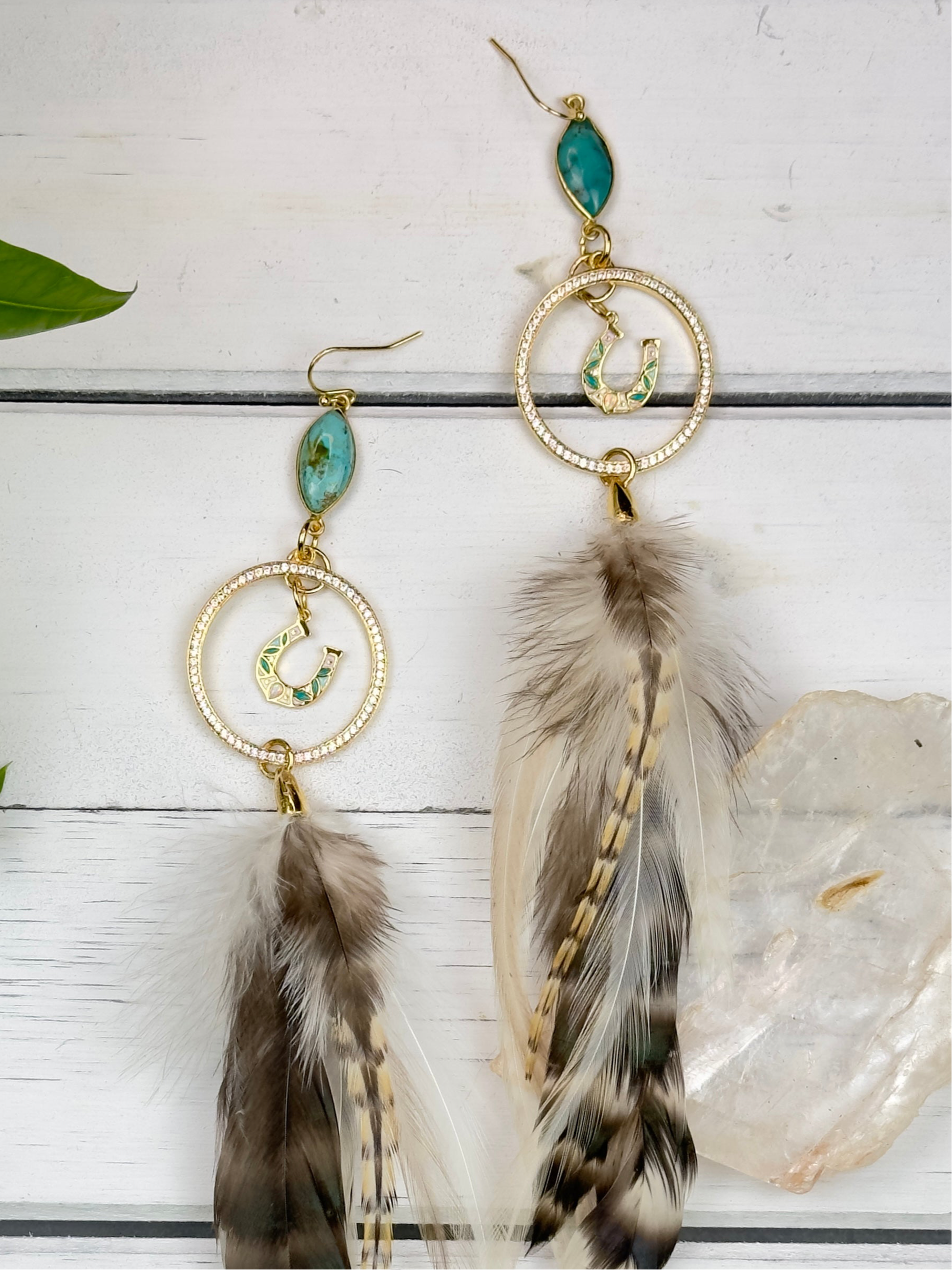 Rhinestone Rider Turquoise Feather Earrings