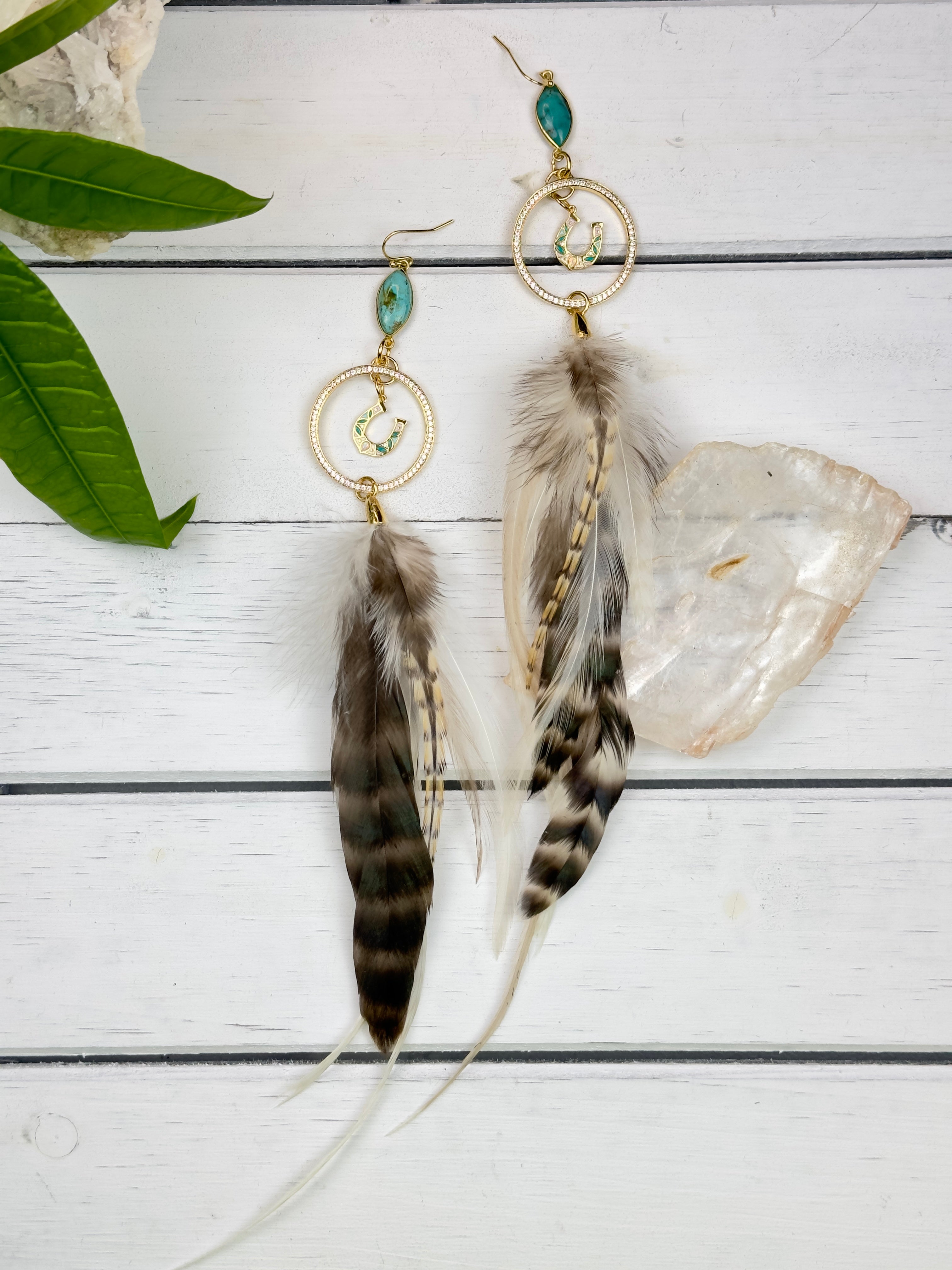 Rhinestone Rider Turquoise Feather Earrings