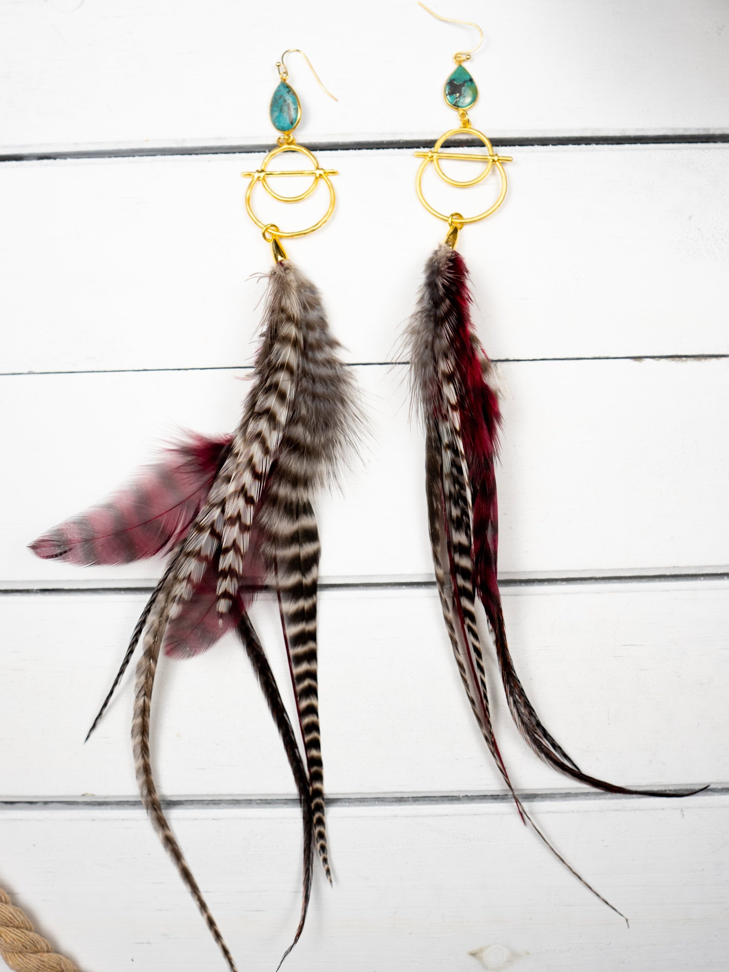 Crimson Dusk Turquoise Feather Earrings - Shorty